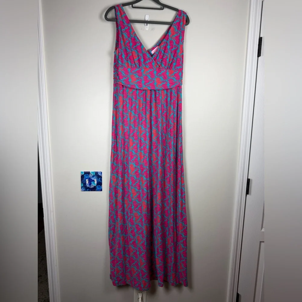 Lilly Pulitzer SLOANE Pink Blue Seahorse Print Maxi Dress Medium Cotton Nautical - Picture 2 of 10